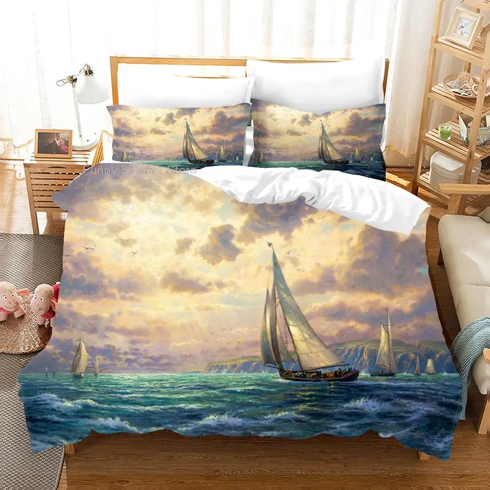 Sail Boat Bedding Set Oil Painting Duvet Cover Sets Figure Comforter