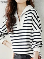 ZANZEA Women Stripes Printed Sweatshirts 2025 Casual Drop Shoulder Tops Fashion Zipper Colorblock Long Sleeve Commuting Pullover 1