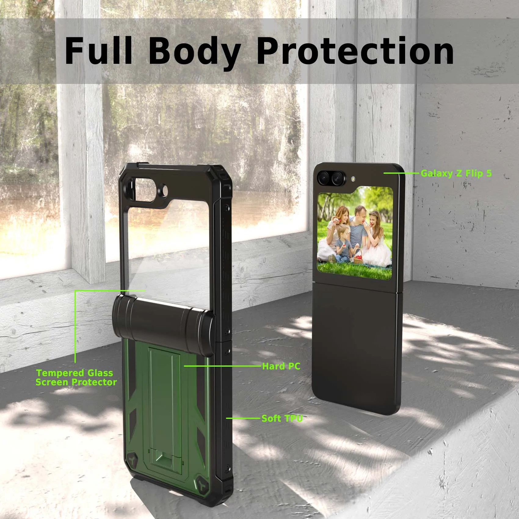 For Samsung Galaxy Z Flip 5 Case With Glass Screen Protector, Shockproof Heavy Duty Kickstand Cover, 360° Revolve Belt Clip