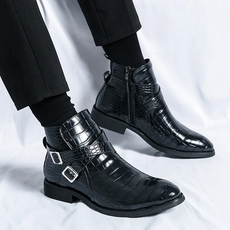 Luxury Retro Brown Men Chelsea Boots Zipper Pointed Mens Crocodile Leather Boots Business High Top Dress Shoes Man botas chelsea