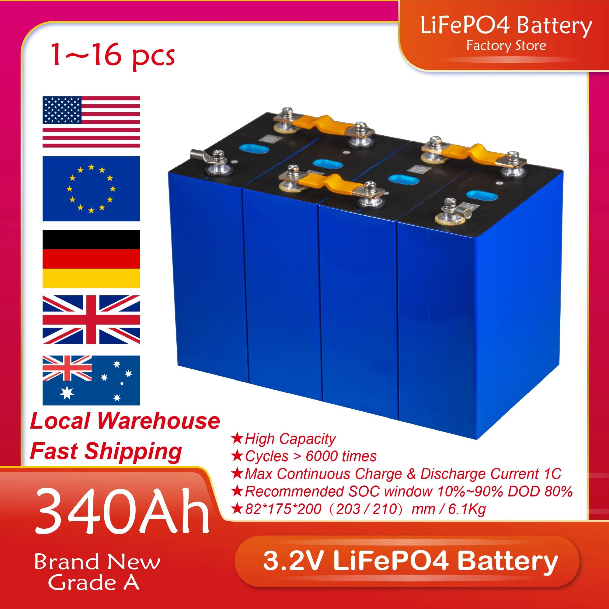 

4/8/16/32PCS 3.2V 340Ah LiFePO4 Rechargeable Battery Grade A Lithium Iron Phosphate Batterie 320Ah 48V Cell Solar EU US Tax Free