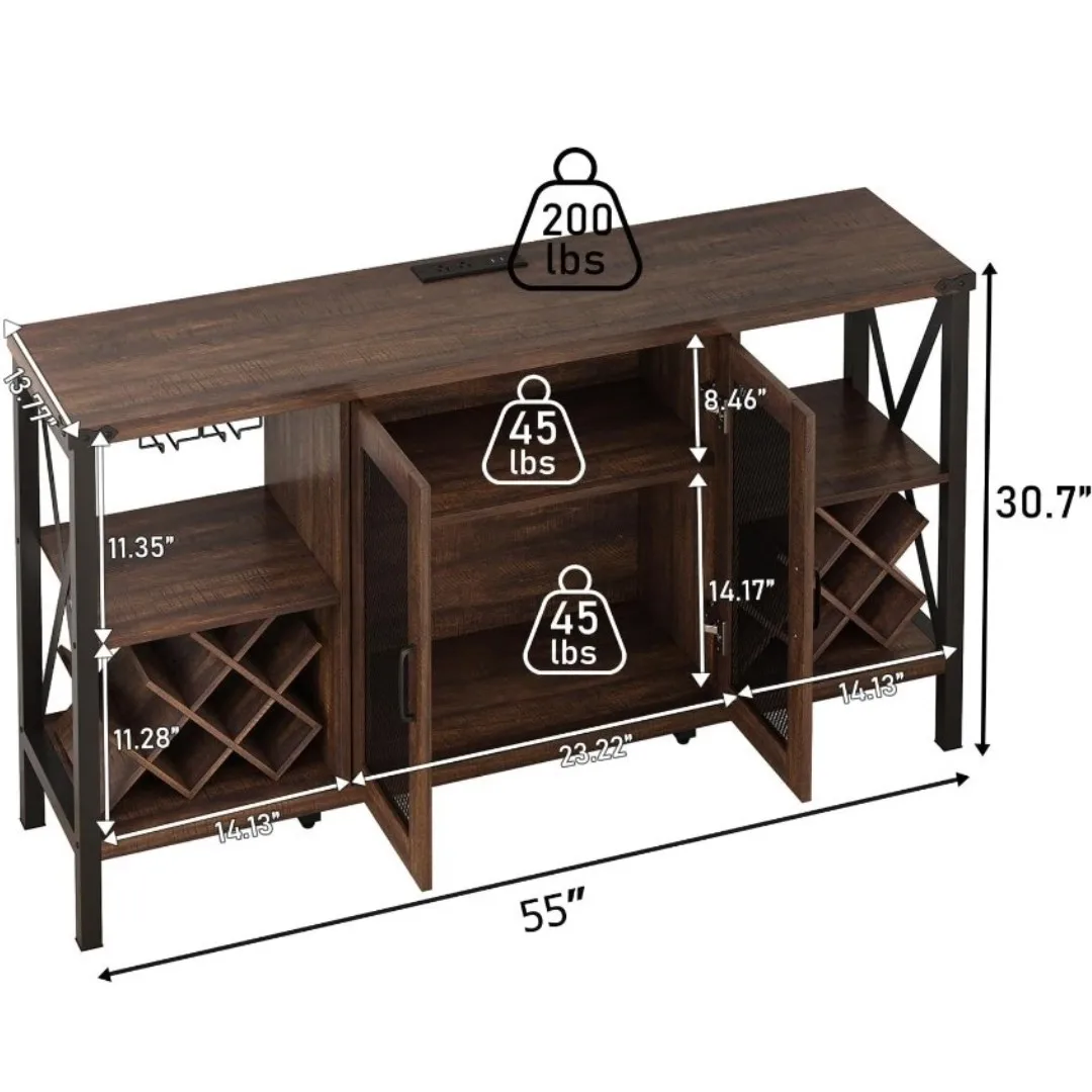 55" Industrial LED Bar Cabinet with Outlet, liquor cabinet bar with Removable Wine Rack and Glass Holder for Living Room Kitchen