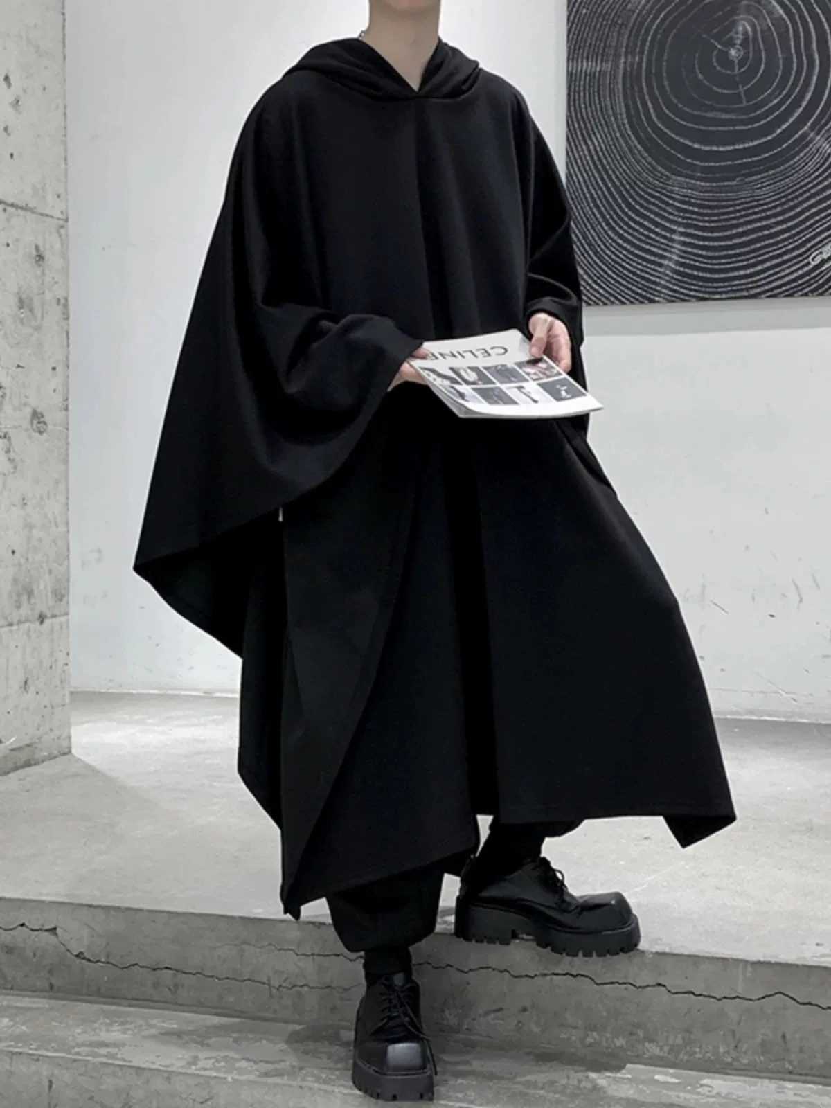 2025 Spring Autumn Hip Hop Punk Hooded Cloak Oversize Trench Coat Men Gothic Vintage Long Cape Cosplay Costume