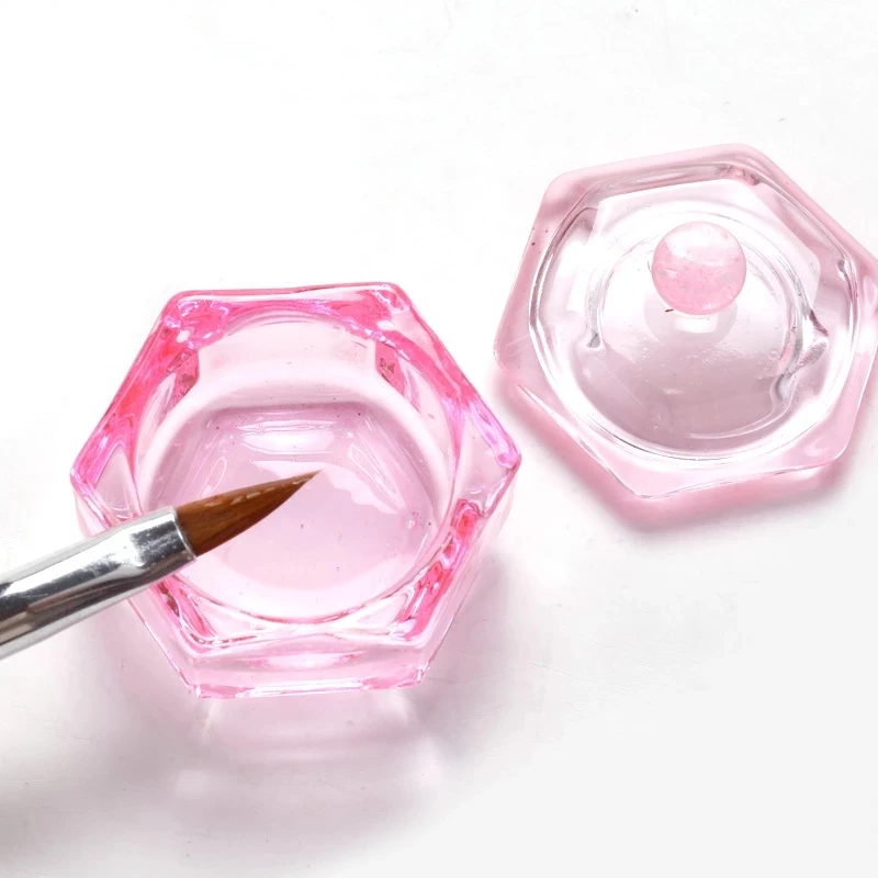 Pink Crystal Acrylic Liquid Dish Tappen Dish Glass Cup With Lid Bowl For Acrylic Powder Monomer Nail Art Beauty Tool 1Pcs, nail acrylic liquid,nail powder,acrylic nail powder,manicure tools,nail tools