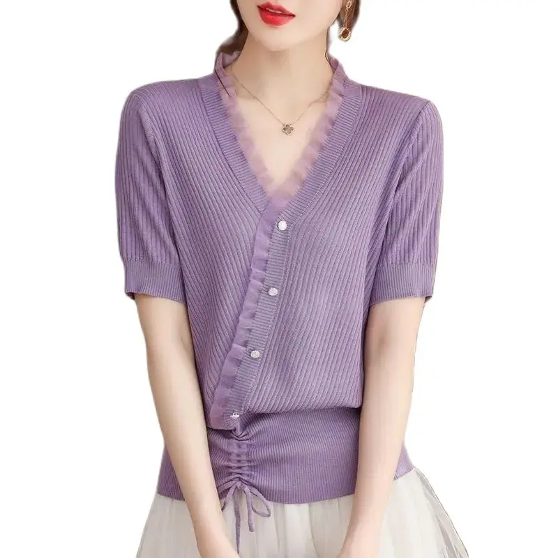 

Short Sleeve Pullover V Neck Women T-shirt Summer Knitting Shirt Loose Drawstring Lace Splicing Temperament Elegant Top Lady