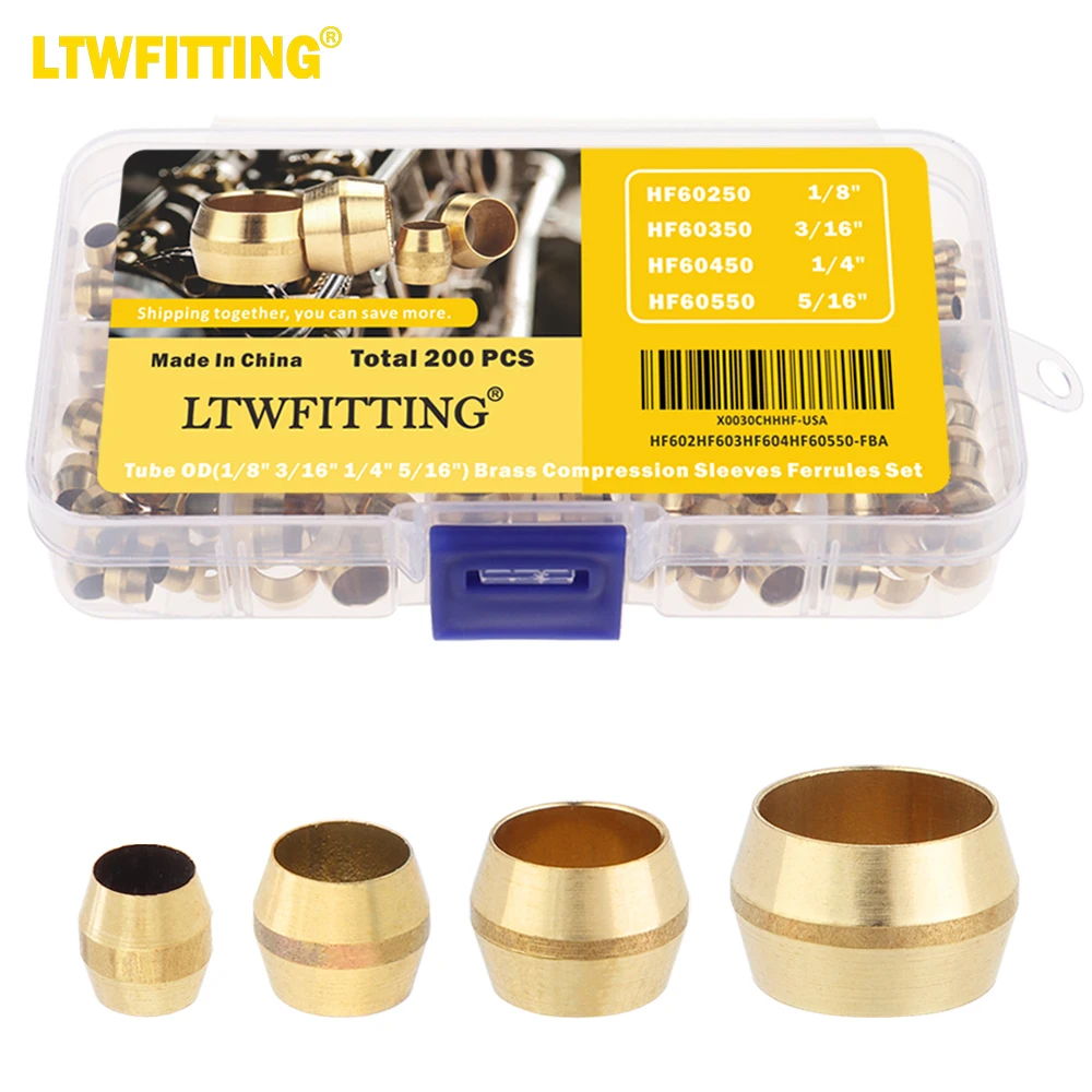 

Комплект компрессионных втулок LTWFITTING с наружным диаметром 1/8, 3/16, 1/4, 5/16 дюйма, латунные компрессионные фитинги (комплект из 200)