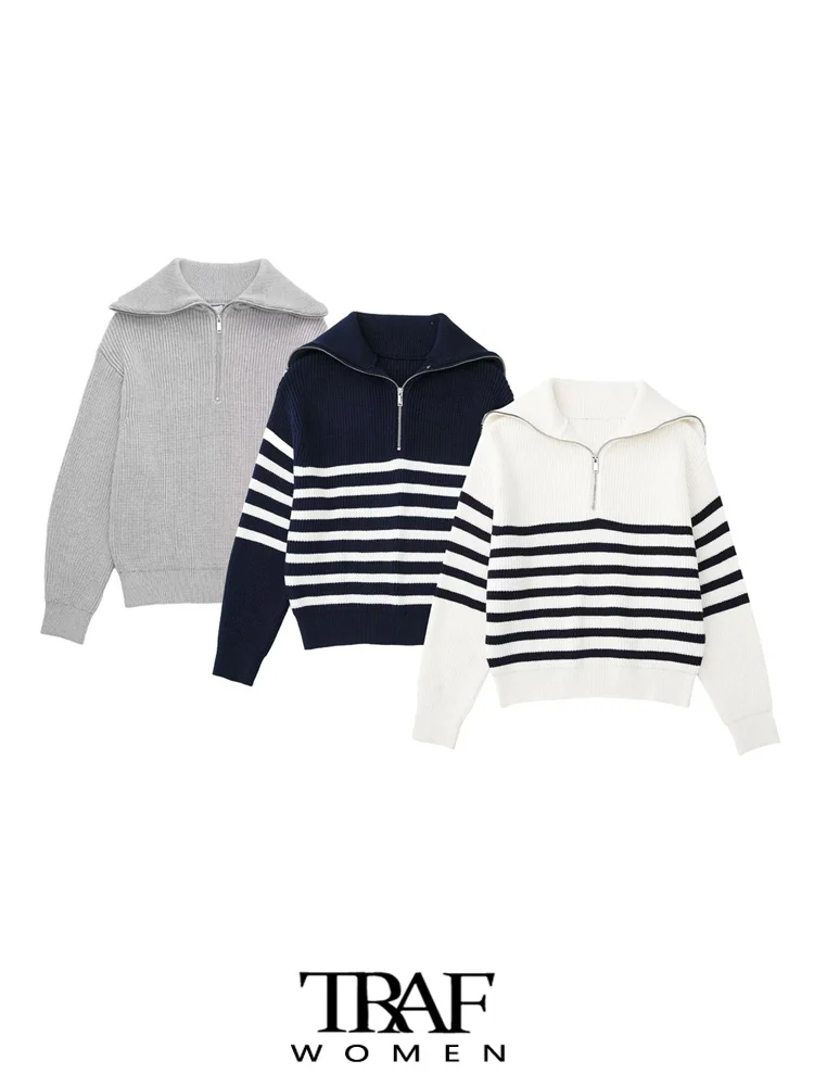 

TRAF Women Fashion Thick Warm Loose Striped Knit Sweater Vintage Long Sleeve Zipper-up Female Pullovers Chic Tops