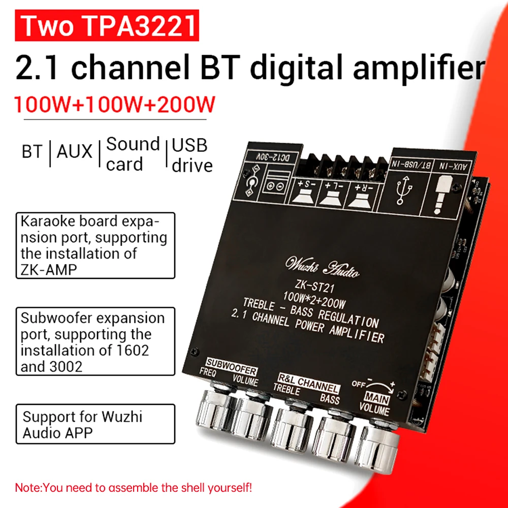 

ZK-ST21 2.1 Channel Bluetooth Amplifier Board 100w+100w+200w Subwoofer TPA3221 Chip Support Bluetooth AUX U Disk Sound Card