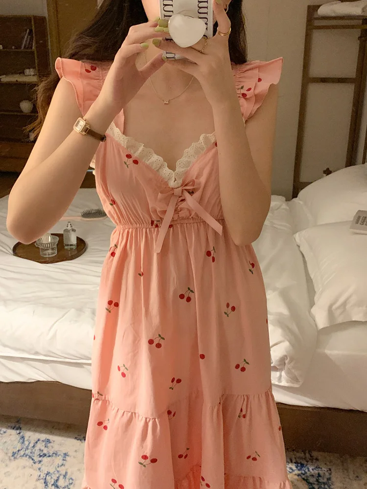 Cherry New Soft Home Pink Sleeveless Korean NightDress Women V-Neck Elegant Kawaii Printing Summer Sexy Sweet Princess Loose Ins
