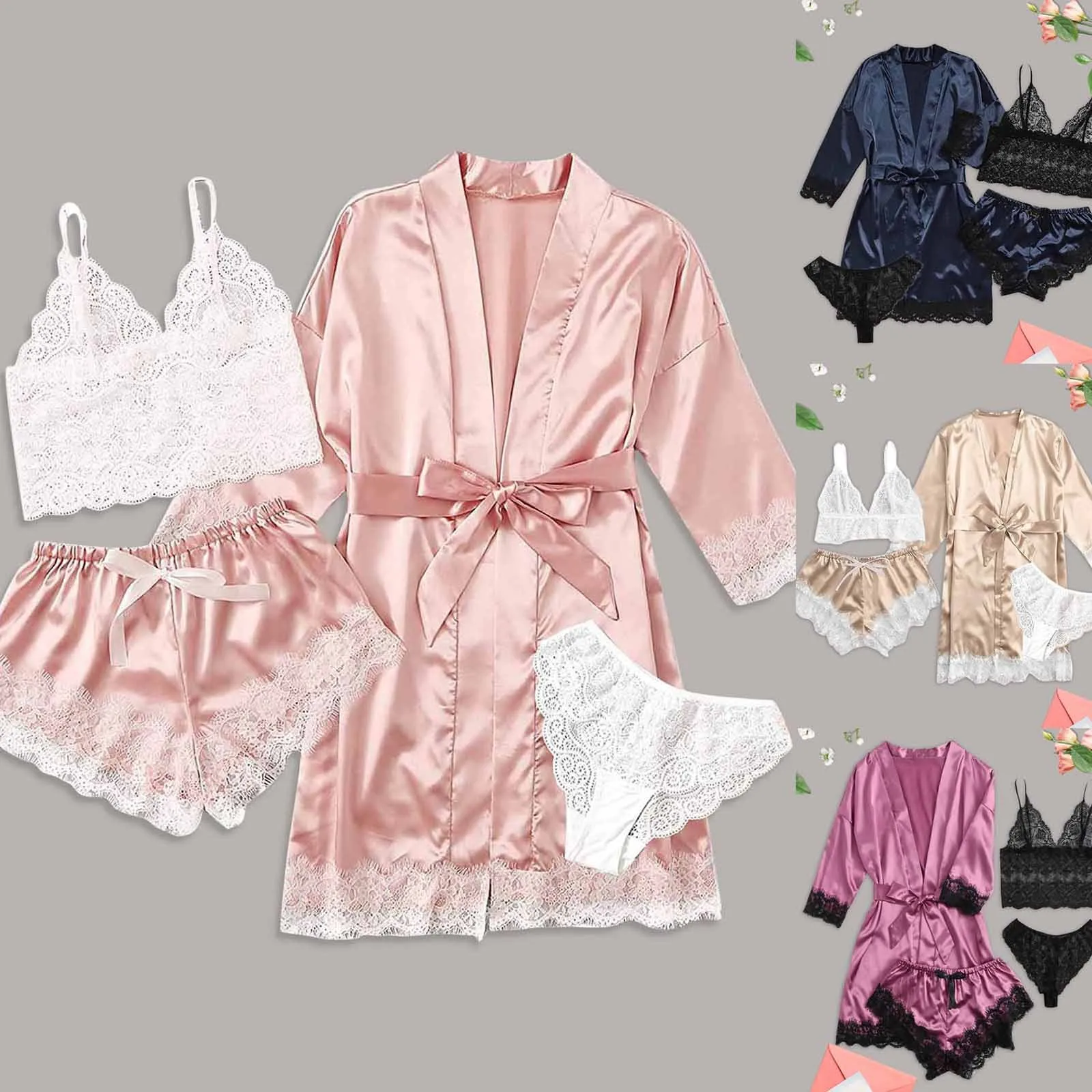 

4pcs/set Satin Sleepwear Women Ladies Pajamas Lace Lingerie Nightwear Bathrobe Suit Nightdress Silk Leisure Home Clothing New