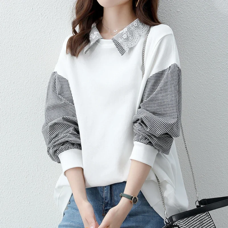 Women Turn Collar Simple Patchwork Sweatshirt 2024 Autumn Loose Lapel Stitched Casual Long Sleeve Pullover Female Stylish Tops