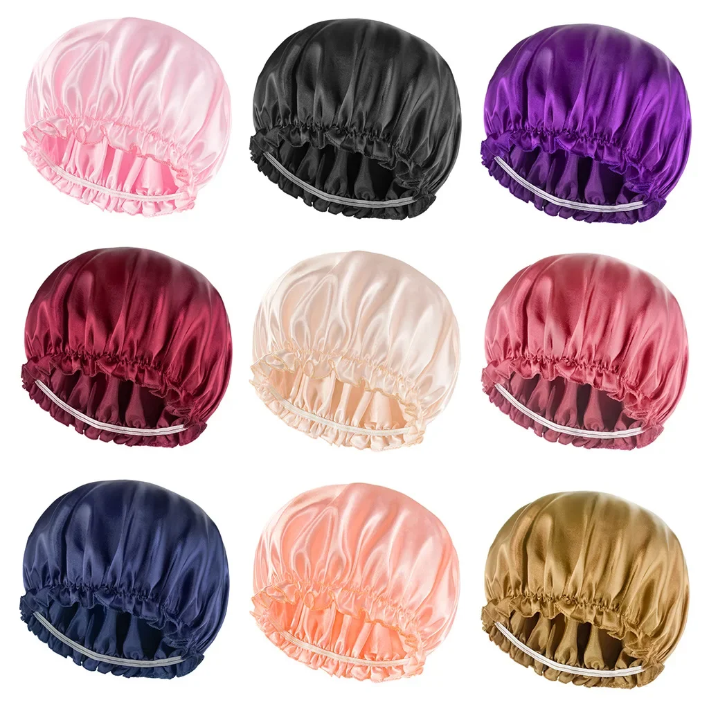 Elastic Band Hair Care Bonnets for Women Solid Color Satin Sleeping Night Caps Femme Hair Cover Beanies Shower Hats Accessories 2