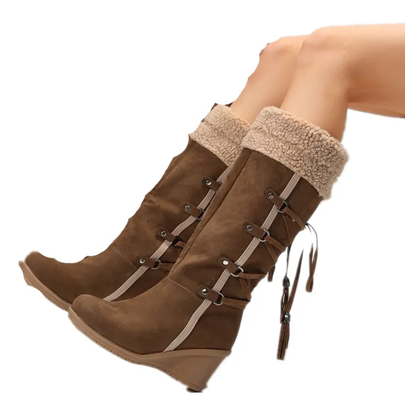 NEW Women's Winter Fashion Lace-up Tassel Long Boots Women Platform Wedge Snow High Boots Warm Cotton Fashion Plush Plus Size 42