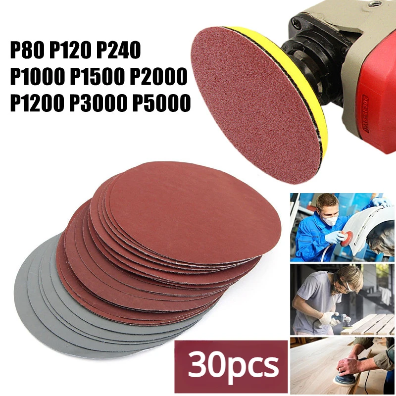Round Hook and Loop Sandpaper 30pcs/Set 5Inch 125mm Woodworking Metal Grinding Disc Abrasive Polishing Tool Polishing