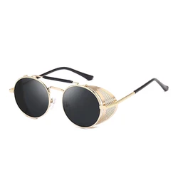 Vintage Retro Steampunk Round Metal Sunglasses (Gold Black)