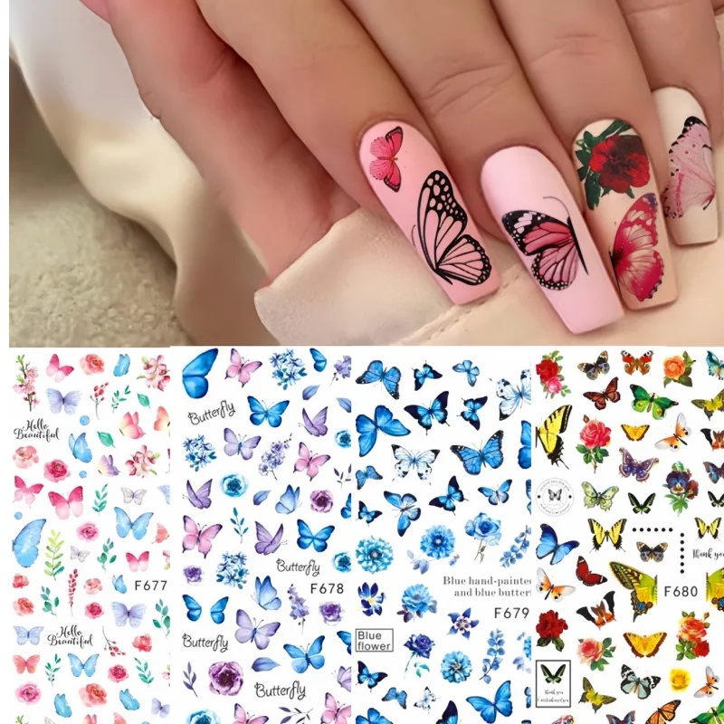 

New Butterfly Nail Sticker Romantic Art Flower Print Nail Art Decoration Decal DlY Ladies Manicure Supplies Nails Accessories
