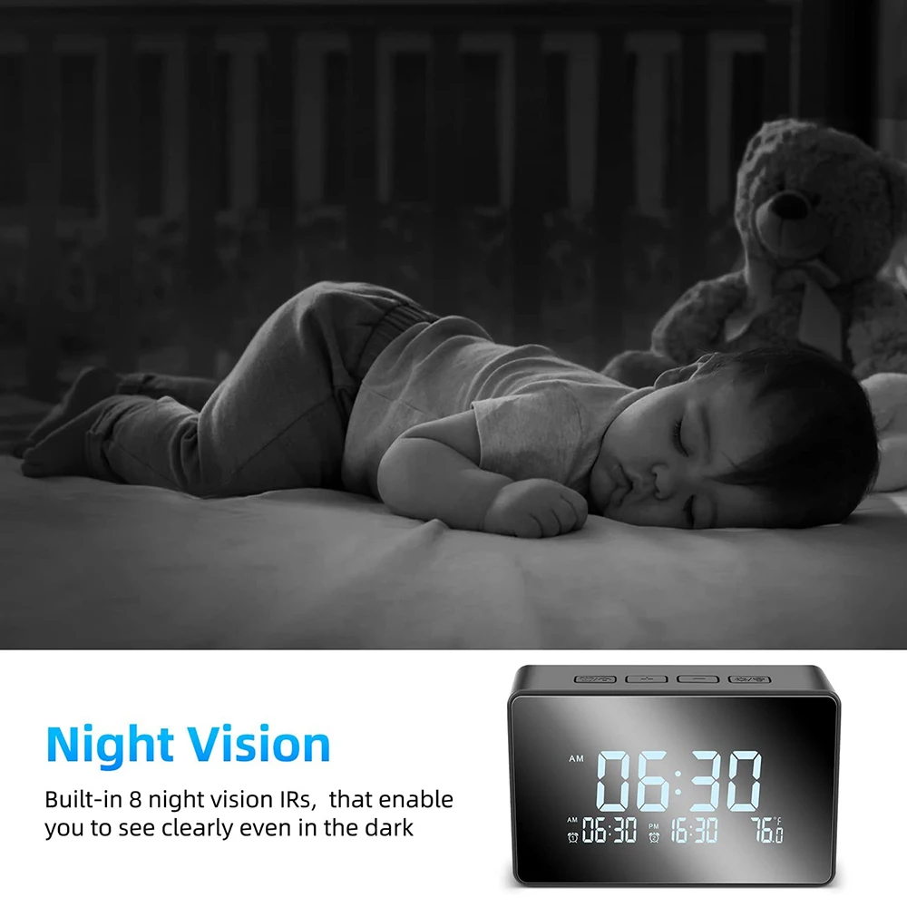 A young child sleeps on a bed in a dimly lit room with a teddy bear beside them, next to a dual-function Spycam Clock displaying time and temperature, highlighting its night vision feature.