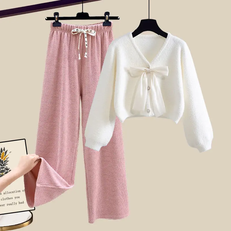 Korean Style Bow Knit Sweater Cardigan Casual Wide Leg Pants Two-piece Elegant Women\'s Pants Set Winter Tracksuit