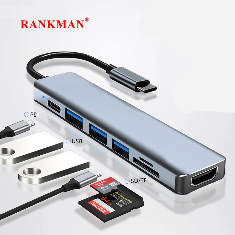 Rankman-usb c para 4k Hub Compatível com Hdmi Usb 3.0 2.0 Dock tipo c pd sd tf para Macbook Ipad Samsung S21 Dex Hdtv Nintendo Switch