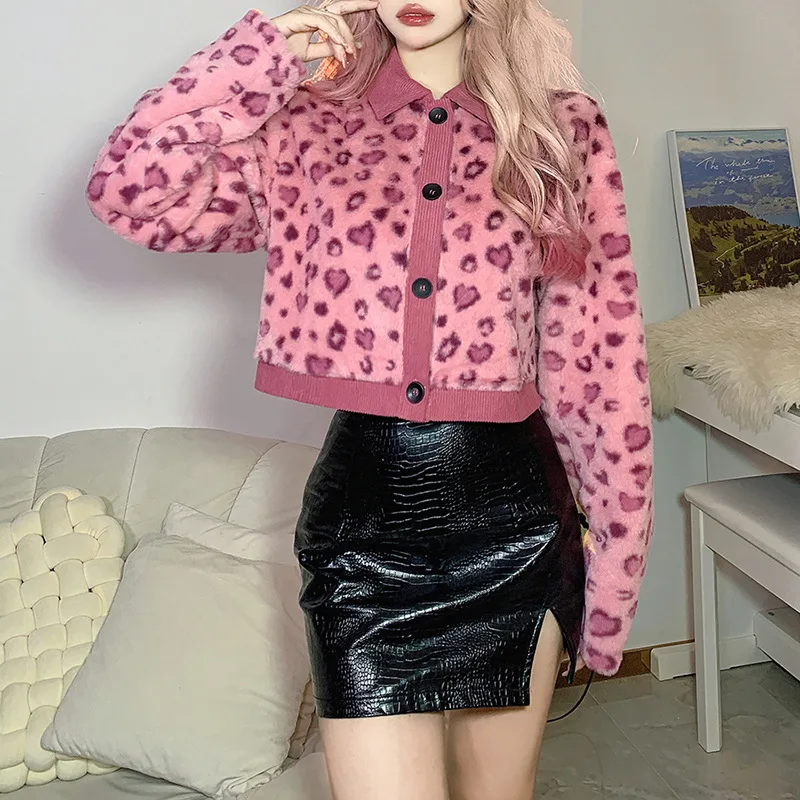 Fashion Sexy Leopard Print Women's Coat Kawaii Pink Girlish Love Lolita Hottie Slim Short Style Jacket Fluffy Lapel Trend Tops