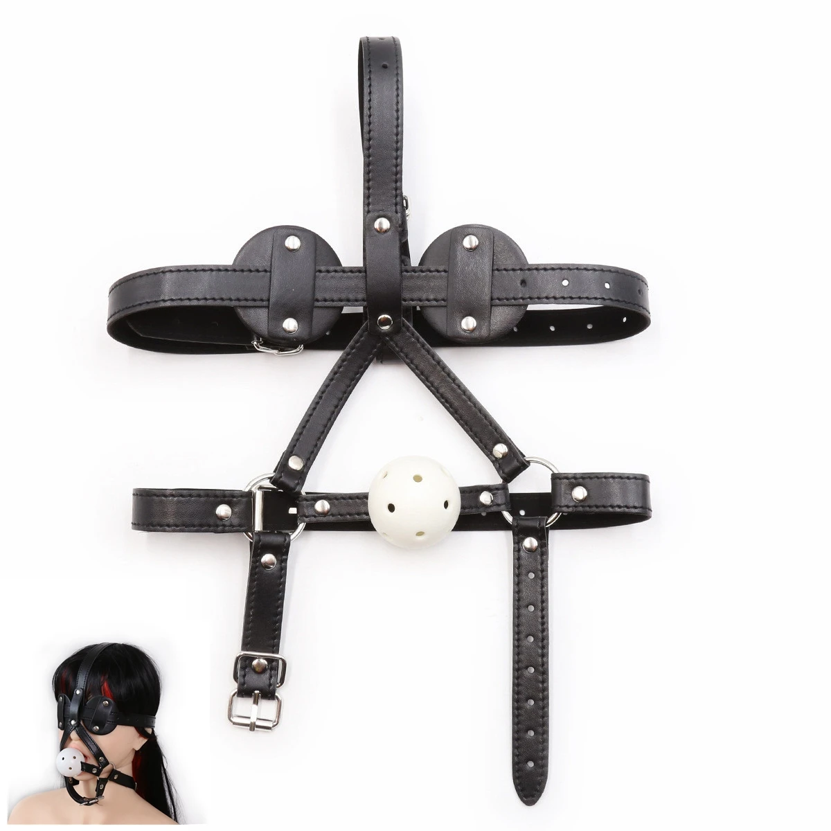 Leather 18+ Erotic Head Bondage Harness Strap with Blindfold and Hard Ball Gag Sex Toys for Men Women Bdsm_voghion.com