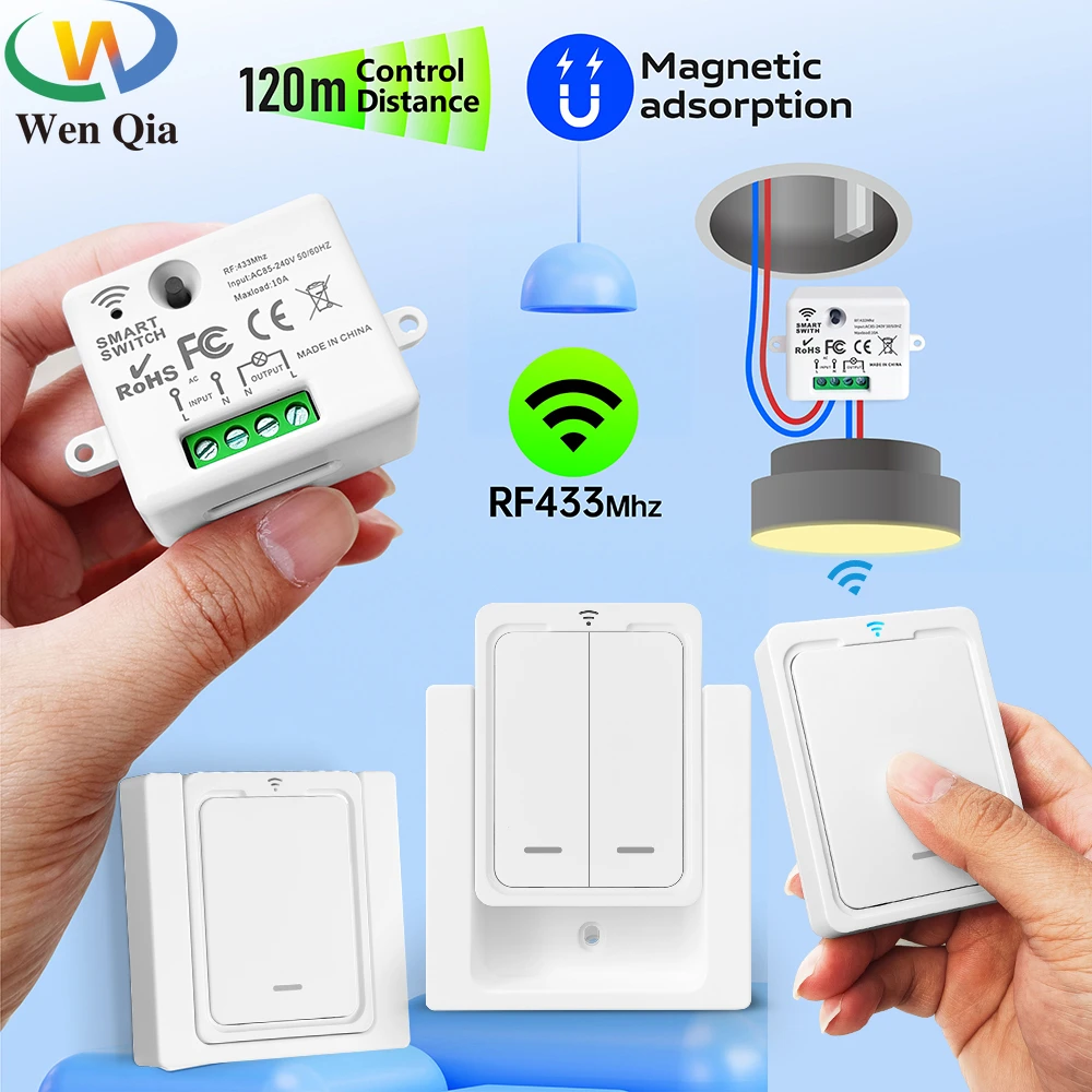

433Mhz RF Wireless Smart Light Switch Wall Panel Switch with Remote Control Mini Relay Receiver 110V 220V Led Light Lamp Fan