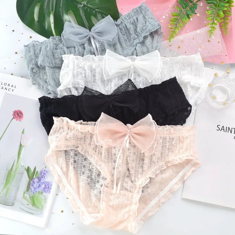 

Cute Lovely Sweety Japanese Princess Style Sexy Lace Jacquard Pleats Big Bow Women Panties High Elasticity Mesh Underwear Breifs