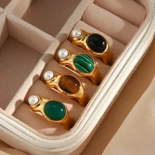 2022 Hypoallergenic Stainless Steel Gold Plated Pearl Green Coffe Oval Opal Rings For Women Vintage Party Stone Ring