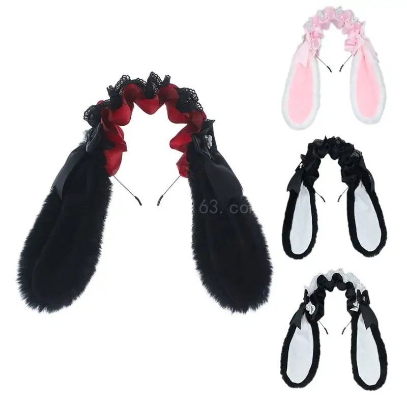 

Lace Anime Hairhoop for Girls LolitaStyle Plush Rabbit Ears Headband Cosplay Headdress ComicShow Headwear