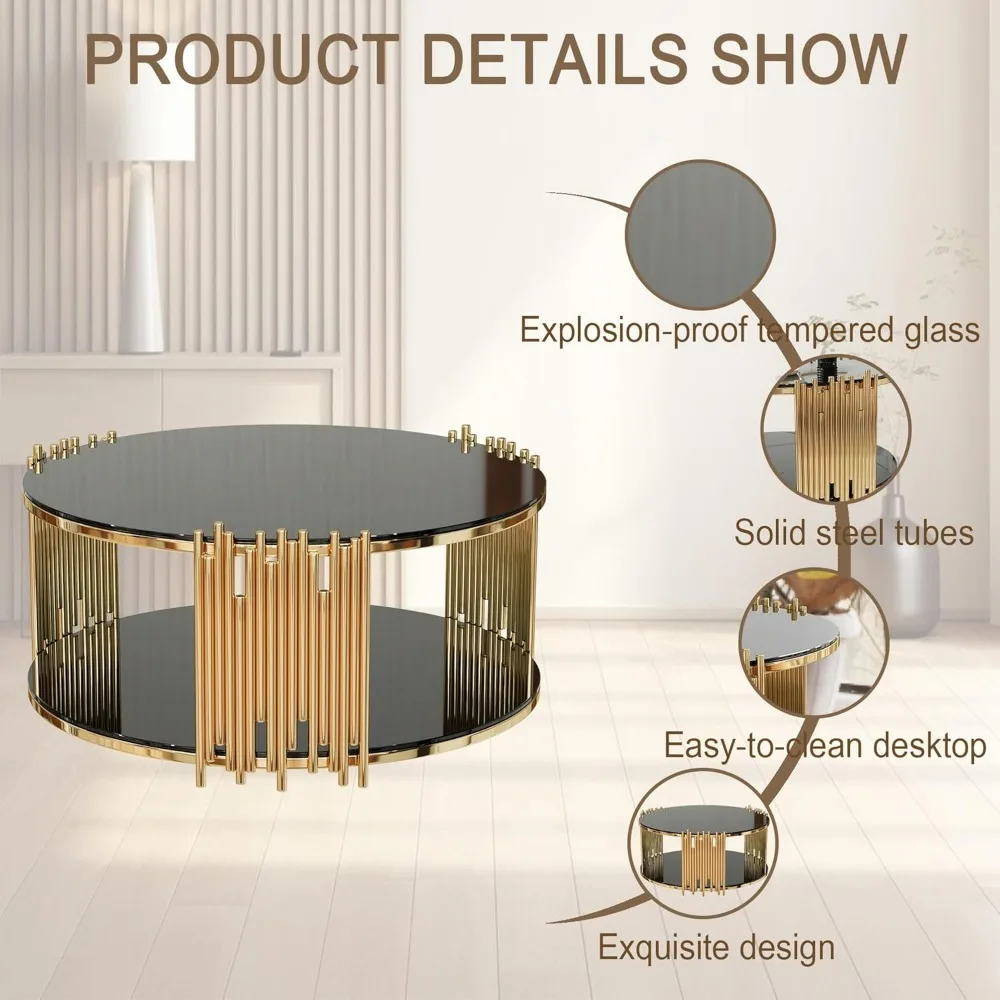 36" Modern Round Coffee Table,  Luxury Black Gold Glass Coffee Table 4