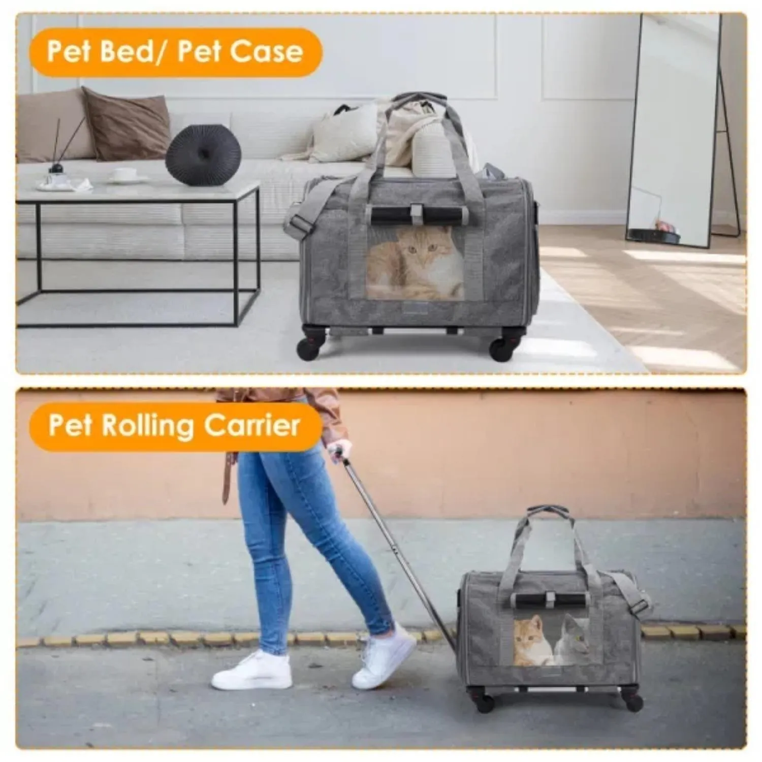 Double-Compartment Pet Rolling Carrier Cat Dog Rolling Carrier with Detachable Wheels Telescopic Handle Adjustable Shoulder Stra