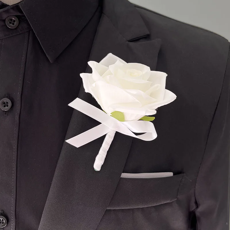 

Wedding Boutonniere Brooch Flowers Artificial Roses Silk Ivory White Corsage Buttonhole Groomsmen Men Bride Marriage Accessories