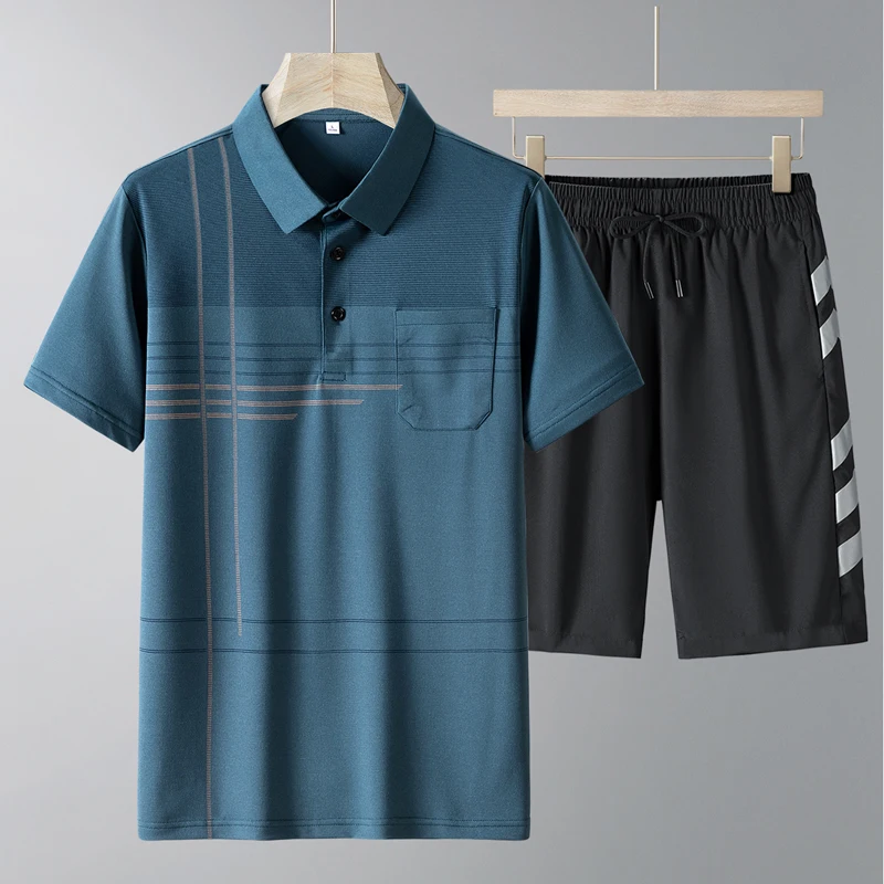 Fashion Lapel All-match Printed Short Sleeve Striped Men's Sets 2024 Summer New Loose Elastic Lace Up High Waist Shorts Sets