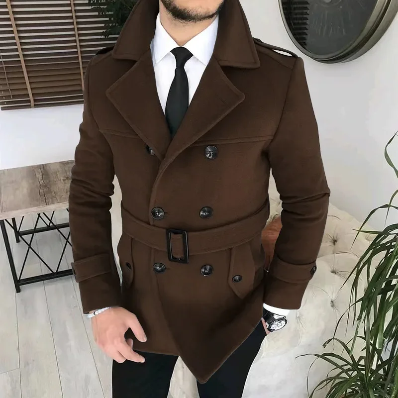 

Lapel Double Row Button Casual Trench Coat Woolen with Belt Men's 2023 Autumn Business Jacket