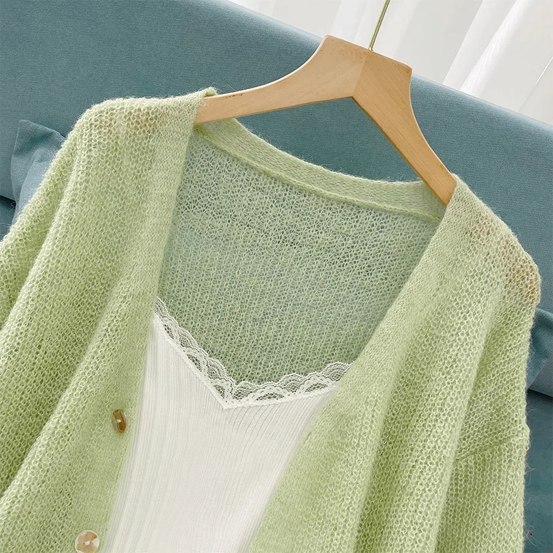 Green Mohair Knitted Cardigans Women Spring Autumn Single Breasted Thin Hollow Out Sweater Coats Gentle Elegant Soft Tops 4