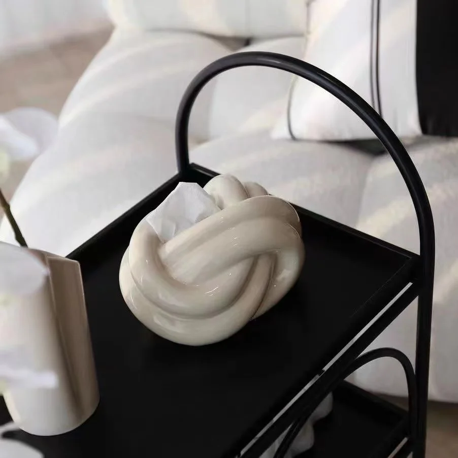 Household Tissue Box Ceramic Fun Knot European Modern Abstract Coffee Table Desktop Cream Color Nordic Decorative Tissue Case 5