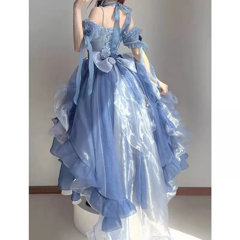 

Blue Flower Wedding Dress Lolita Dress Lolita Heavy Industry Tug Tail Fluffy Front Short Back Long Escaping Princess Dress