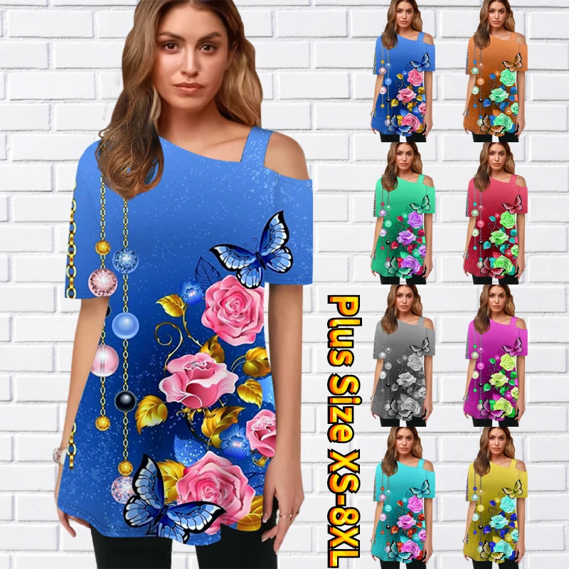 

2022 Summer Women's Fashion Simple T-shirt Butterfly Print Short Sleeve Slant Shoulder Top Floral Theme Print Pullover Tee Shirt