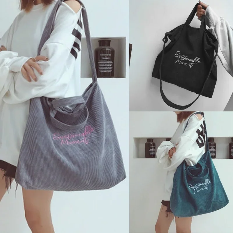 

Corduroy Tote Bag, Korean Canvas Bag Women's Simple and Artistic Shoulder Bag Embroidered Letters Large Capacity Crossbody Bag