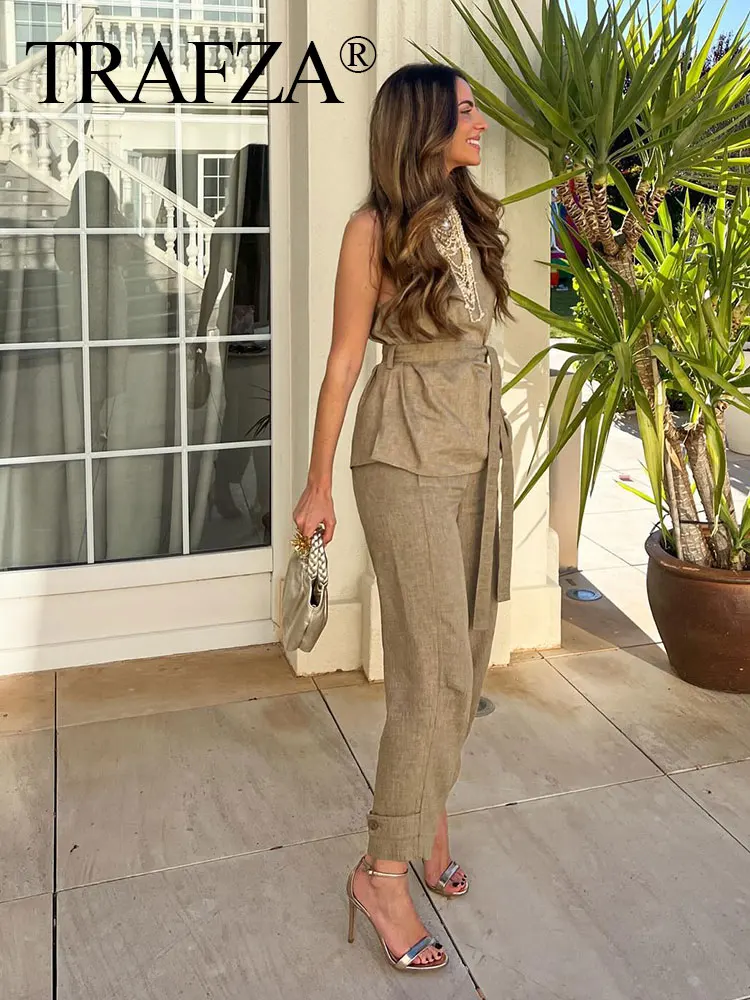 HH Women Vintage Solid Asymmetric Blouse Top Pajama Style Casual Loose Sleeveless Shirt With Lace Up Fashion Streetwear