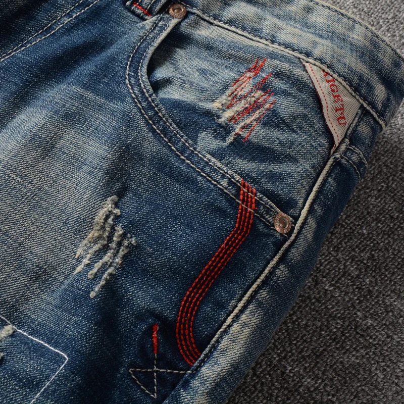 Fashion Vintage Men Jeans Retro Blue Elastic Slim Fit Hole Ripped Jeans Men Straight Trousers Embroidery Designer Denim Pants