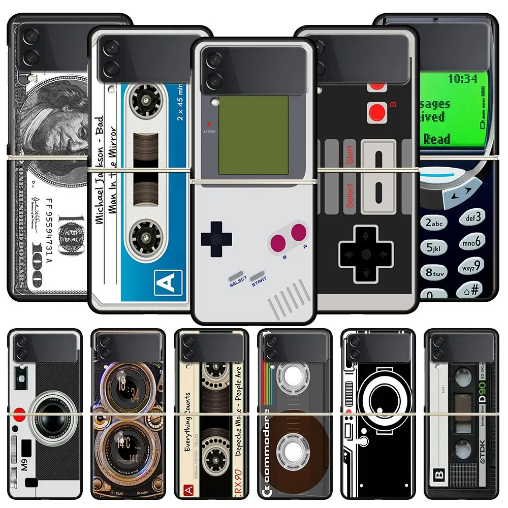 Vintage Tape Camera Gameboy Z Flip 4 Phone Case For Samsung Z Flip 3 5G Black Hard Shell Galaxy ZFlip3 ZFlip5 Cover Folding