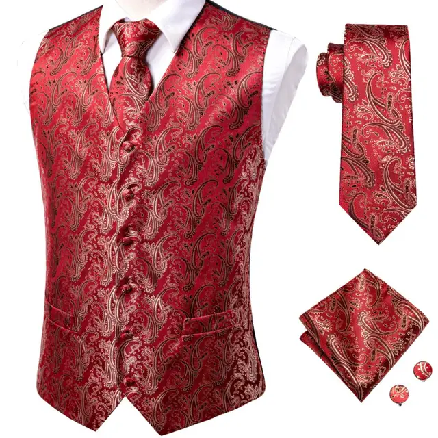 Hi-Tie 20 Color Silk Men's Vests and Tie Business Formal Dresses Slim Vest 4PC Hanky cufflinks for Suit Blue Paisley Waistcoat MS-0035