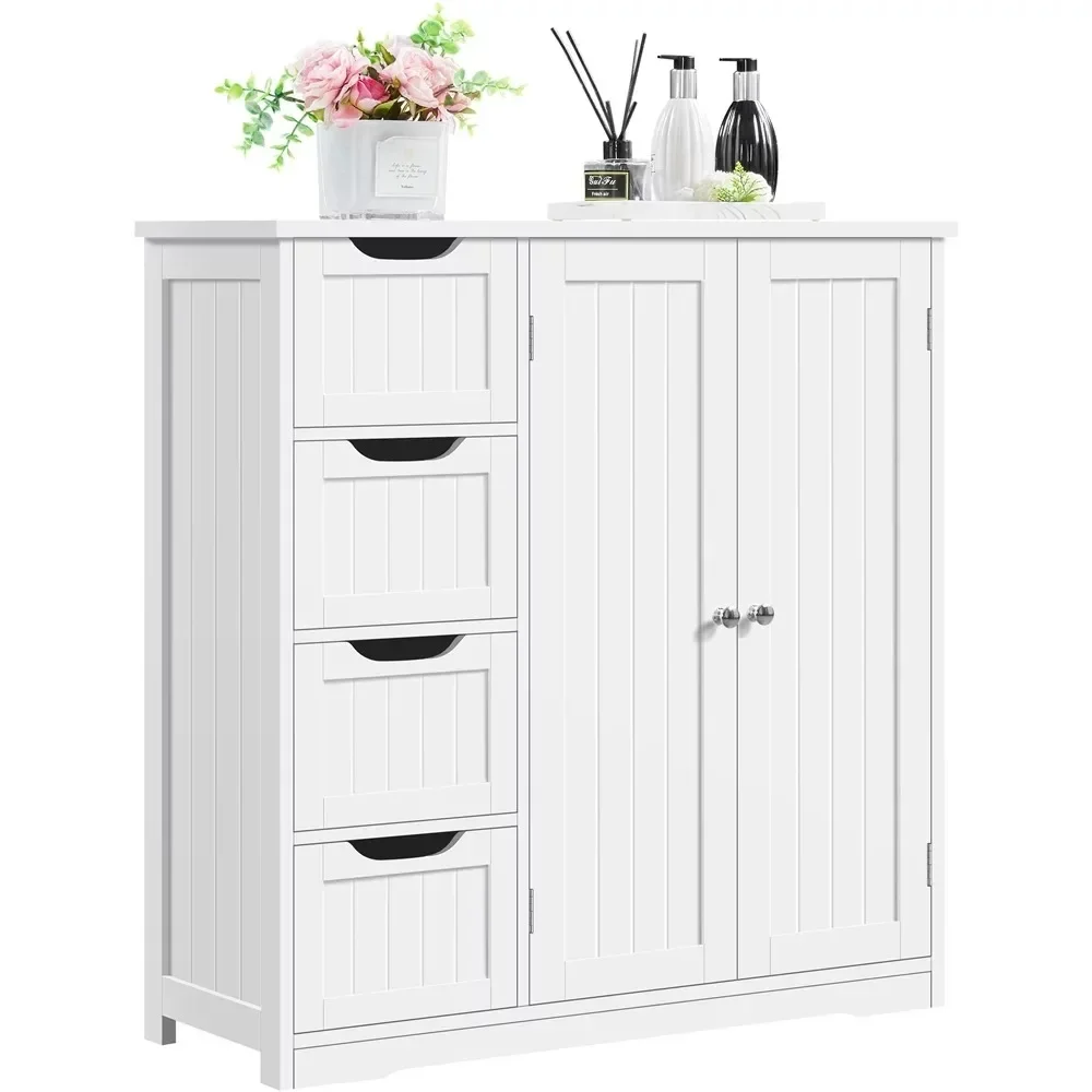 

SmileMart Wooden Bathroom Floor Storage Cabinet with 4 Drawers and Doors for Home, White Durable, Adjustable Shelves, Beautiful