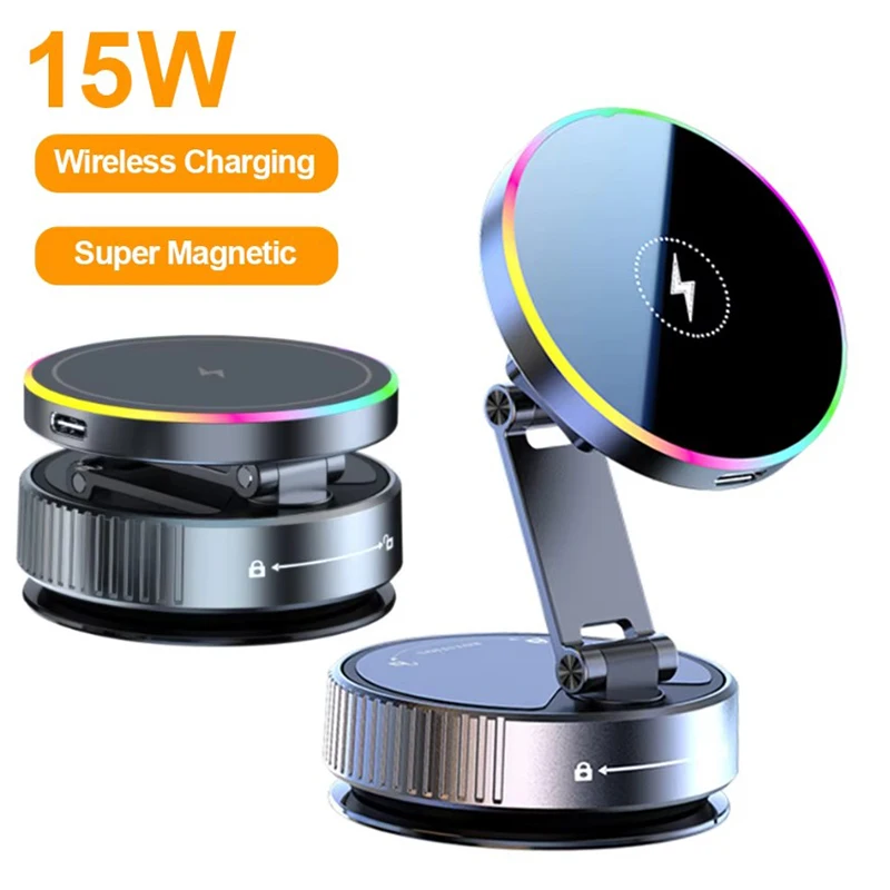 15W Wireless Car Charger with RGB Lighting and Vacuum Suction Cup
