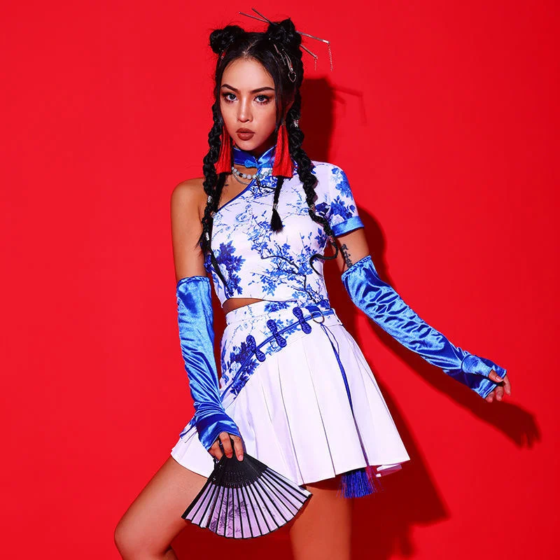 

Blue and white pottery Chinoiserie dance clothes sexy kpop singing clothes women's group Korean dance clothes Jazz dance