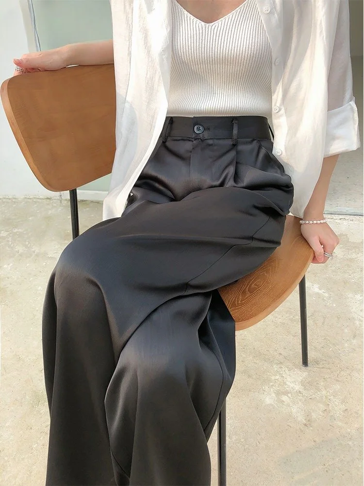 

Satin Suits Pants for Women Office Ladies High Waisted Fashion Wide Leg Pants 2023 Casual Full Length Straight Pants