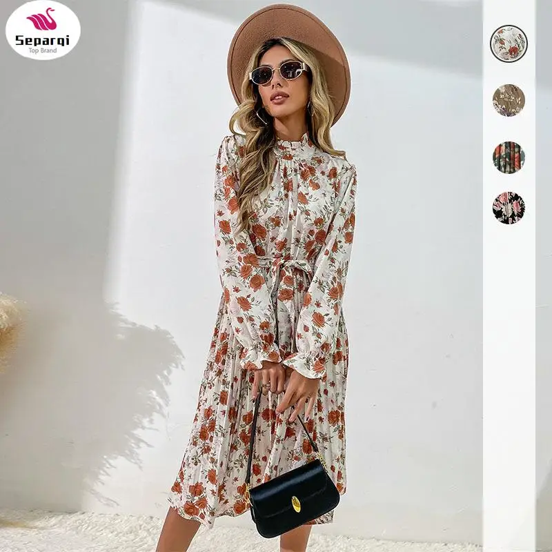 

SEPARQI Fashion Women's Clothing Printed Long Sleeve Mock Neck Dress Vestido Feminino Dresses For Women 2024 Autumn Winter