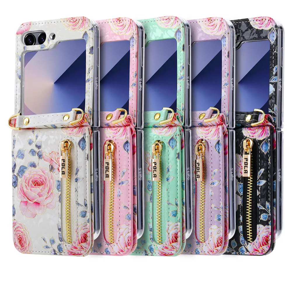 Floral Zipper Crossbody Wallet with Card Slots and Leather Lanyard Strap