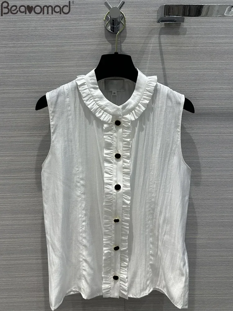 

Fashion Runway Summer White Loose Blouses Women's Solid Color Stand Collar Flounces Sleeveless Single Breasted Shirt